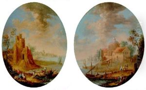 A Coastal Landscape With Stevedores Stowing Barrels On A Rowing-boat And Peasants By A Fountain, A Village Beyond by Norbert Joseph Carl Grund