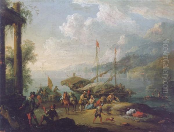 Stevedores Unloading Their Vessels At Sunset Beside Classical Ruins - view 1