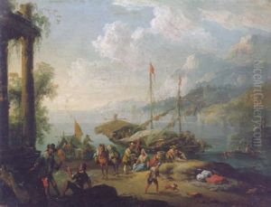 Stevedores Unloading Their Vessels At Sunset Beside Classical Ruins