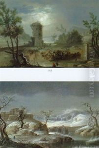 A River Landscape With A Ruined Tower By Moonlight