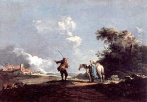Travellers Resting Before A Burning City