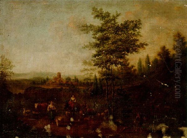 A Wooded Landscape With Drovers And Cattle On A Track - view 1