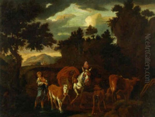 A Peasant Family Fording A Stream With A Pack Horse And Cattle - view 1