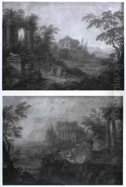 River Landscapes With Peasants Near Classical Ruins - view 1