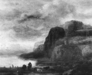 A Mountainous River Landscape With Cattle And Drovers On A Track by Norbert Joseph Carl Grund