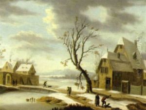 Winterlandschaft Mit Einem Holzfaller Und Reisenden