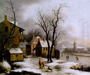 Dorf Im Winter Mit Schlittschuhlaufern Auf Einem Zugefrorenen Flus by Basilius Grundmann