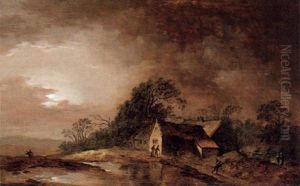 Nachtliche Fluslandschaft Mit Bauernhausern Und Figuren Bei Mondschein by Basilius Grundmann