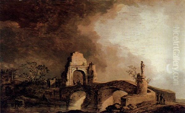 Mondbeschienene Fluslandschaft Mit Steinerner Bogenbrucke, Verfallenem Torbogen Und Figuren - view 1