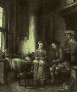 Interior With A Woman Seated Peeling Potatoes And Listening To A Man