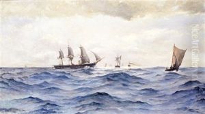 Marine Med Tremaster Og Andre Skibe Pa Oprort Hav by Axel Valdemar Grundtvig