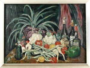 Stillleben Mit Gemuse, Flaschen Und Tafelgerat by Arthur Grunenberg