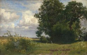 Voralpenlandschaft Mit Baumgruppe, Kirchturm Und Heuernte