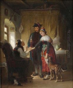 Grosmutters Segen. Im Stubeninterieur Erteilt Eine Grosmutter Einem Jungen Paar Ihre Zustimmung Zur Hochzeit