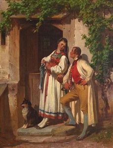 Junges Paar In Betzinger Tracht Vor Dem Hauseingang