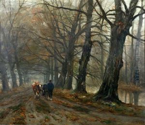 Boer Met Koeien Op Bospad by Charles Paul Gruppe