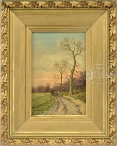 Man With Cart In Sunset Landscape Man With Cart In Sunset Landscape