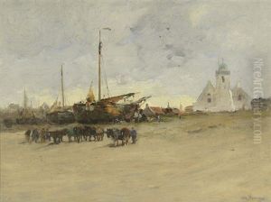 Beached Fishing Vessels With Teams Of Horses And A Lighthouse by Charles Paul Gruppe