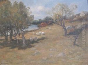 Country Landscape With Sheep Grazing by Charles Paul Gruppe