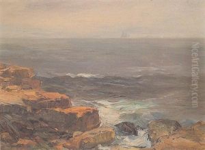 Rocky Coastline With Distant Ship by Charles Paul Gruppe