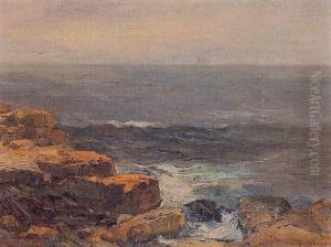 Rocky Coastline With A Distant Ship by Charles Paul Gruppe