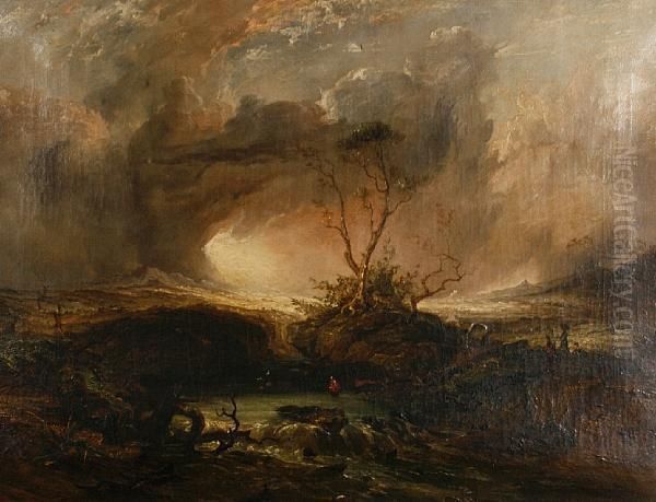 Figures With Cattle Crossing A Ford With Anextensive Landscape Beyond - view 1