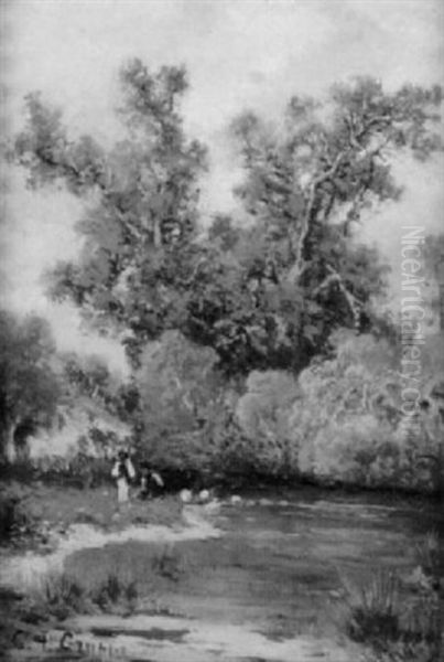Bewaldete Landschaft Mit Figurengruppe Am Flussufer - view 1