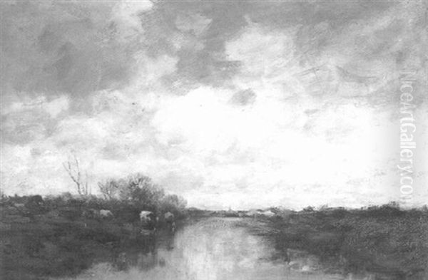 Cattle Watering In A Cloudy Landscape - view 1