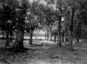 Pastoral Scene With Sheep In A Wooded Clearing by Charles Paul Gruppe