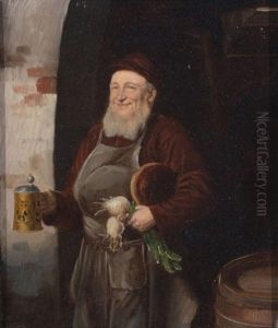 Chef Emerging From Wine Cellar Bearing Egyptian Walking Onions, A German Beer Stein, And A Top Round Roast (or Loaf Of Bread)