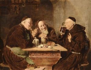 In A Monasterial Tavern. A Genre Scene Picturing A Group Of Three Drinking And Smoking Monks Behind A Table With Food. One Of Many Varieties Of Author's Classical Theme by Eduard von Gruetzner