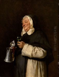 Schelmisch Lachelnder Monch Bei Der Weinverkostigung by Eduard von Gruetzner