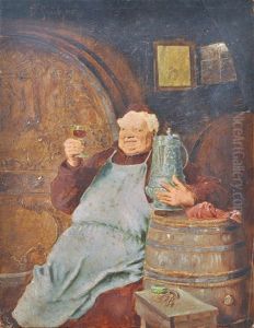 Monk Holding A Wine Glass Among Barrels