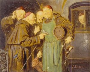 Interior Scene Of Monks, One Wearing A Green Apron And Holding A Flagon And A Cask