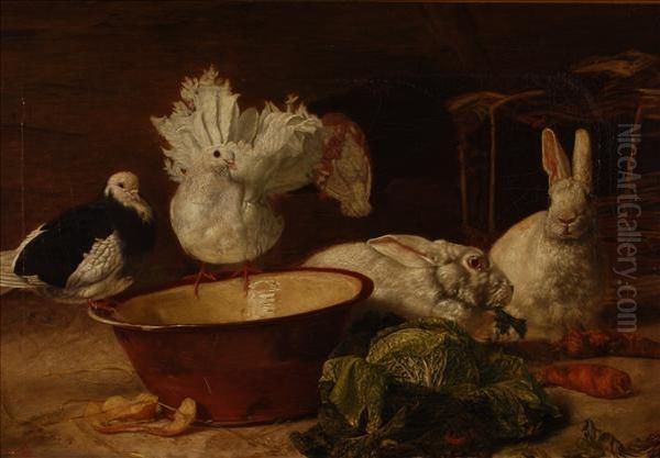Doves And Rabbits Inan Interior With A Bowl And A Cabbage - view 1