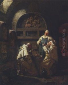 Weinprobe: Bruder Kellermeister Und Zwei Monche Im Weinkeller Beim Verkosten, Prufen Farbe Und Duft Des Neuen Jahrgangs by Eduard von Gruetzner