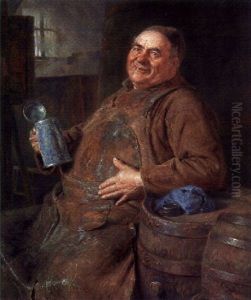 Klosterbraumeister Im Keller Zwischen Fassern, Einen Bierkrug Haltend by Eduard von Gruetzner