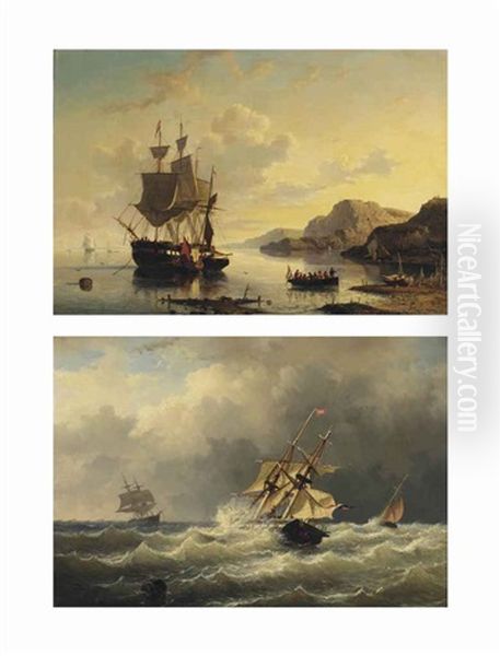 A Dutch Tree-master At Anchor In A Bay; A Dutch Two-master Braving The Waves (pair) - view 1