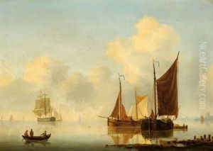 Moored Ships On A Calm Estuary by Willem Gruyter The Younger