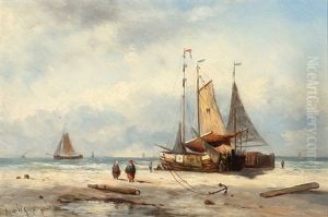 Ships And Figures On The Beach by Willem Gruyter The Younger