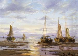 Fischerboote Auf Dem Meer Bei Sonnenaufgang by Jacob Willem Gruyter