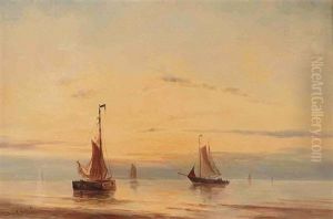 Sailing Vessels Moored At Sunset by Jacob Willem Gruyter