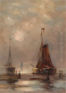 Barges On The Beach by Jacob Willem Gruyter