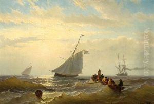 Two Fishing Boats, A Steamboat And Men In A Flat-boat On Open Sea by Jacob Willem Gruyter