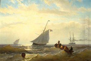 Two Fishing Boats, A Steam Ship And Men On A Flat-boat On Open Sea by Jacob Willem Gruyter