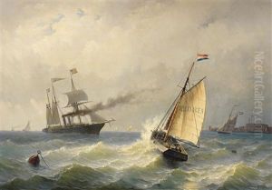 Schiffe Auf Der Bewegten See Vor Den Hafenanlagen Von Vlissingen by Jacob Willem Gruyter