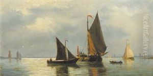 Sailing Barges In A Calm At Dusk by Jacob Willem Gruyter