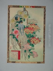 Un Couple D'oiseaux Dans Une Corbeille De Chrysanthemes by Kono Bairei