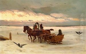 Winter Landscape With A Troika In The Evening Sun by Petr Nikolaevich Gruzinsky