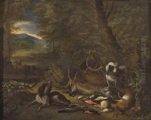 Bodegon De Caza, Con Reala, Res Abatida Y Distintos Animales De Caza Menor Ante Un Paisaje by Adriaen de Gryef